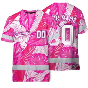Hi Vis Team T Shirt Reflective Tapes Pink White Flower Custom Name And Number Safety Workwear For Baseball Team Workers, Truckers, Operators