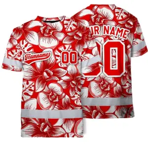 Hi Vis Team T Shirt Reflective Tapes Red White Orchid Custom Name And Number Safety Workwear For Baseball Team Workers, Truckers, Operators