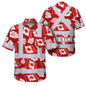 Hi Vis Hawaiian Shirt Reflective Tapes Red White Canada Flag Custom Name Safety Workwear For Mechanics, Workers, Truckers, Operators