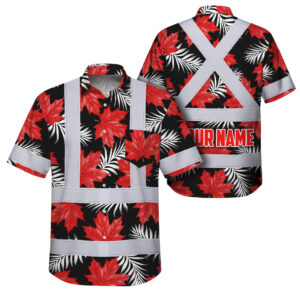 Hi Vis Hawaiian Shirt Reflective Tapes Red White Canada Flag 2 Custom Name Safety Workwear For Mechanics, Workers, Truckers, Operators