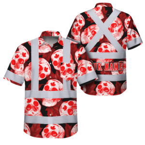 Hi Vis Hawaiian Shirt Reflective Tapes Red White Canada Skull Custom Name Safety Workwear For Mechanics, Workers, Truckers, Operators