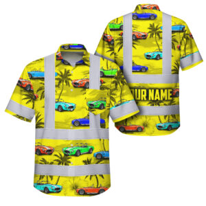 Hi Vis Hawaiian Shirt Reflective Tapes Yellow Car Tree Sea Pattern Custom Name Safety Workwear For Mechanics, Workers, Truckers, Operators