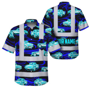 Hi Vis Hawaiian Shirt Reflective Tapes Lime Neon Car Sea Pattern Custom Name Safety Workwear For Mechanics, Workers, Truckers, Operators