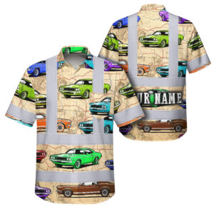 Hi Vis Hawaiian Shirt Reflective Tapes Vintage Car Sea Pattern Custom Name Safety Workwear For Mechanics, Workers, Truckers, Operators