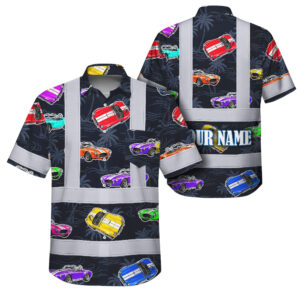 Hi Vis Hawaiian Shirt Reflective Tapes Color Car Sea Pattern Custom Name Safety Workwear For Mechanics, Workers, Truckers, Operators