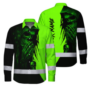 Hi Vis Hawaiian Long Sleeve Shirt Reflective Green And Black Skull Custom Name Safety Workwear For Skull Lover