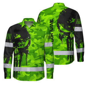 Hi Vis Hawaiian Long Sleeve Shirt Reflective Camo And Skull Custom Name Safety Workwear For Runners, Cyclists, Skull Lover