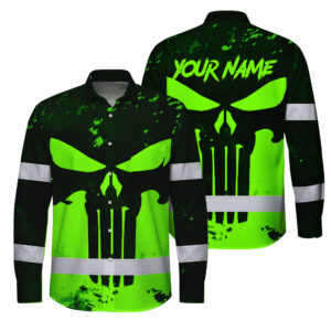 Hi Vis Hawaiian Long Sleeve Shirt Green Neon - Personalized Safety Workwear For Skull Lover, Cyclists, Runners