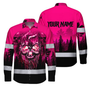 Hi Vis Hawaiian Long Sleeve Shirt Reflective Tapes Skull Pink Neon Workwear Safety For Women Men Worker, Trucker, Operator, Skull Lovers, Drivers, Runne