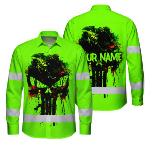 High Visibility Hawaiian Long Sleeve Shirt Green Neon Reflective Paint Plash Skull Custom Name