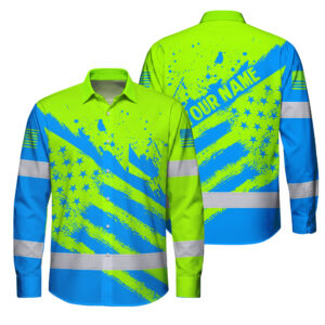 Hi Vis Hawaiian Long Sleeve Shirt Reflective Green And Blue American Flag Custom Name Safety Workwear For Workers, Truckers, Operators