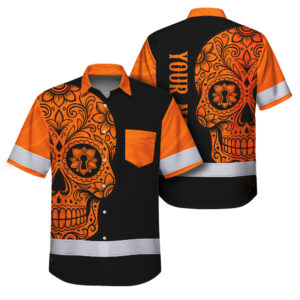 Hi Vis Hawaiian Shirt, Orange Flower Skull Custom Name High Visibility Short Sleeve Button Up Safety Shirt for Workers, Truckers
