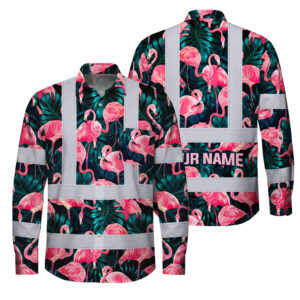 Hi Vis Hawaiian Long Sleeve Reflective Tapes Hawaii Flamingo Custom Name Safety Workwear For Workers, Truckers, Operators