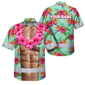 Hi Vis Hawaiian Shirt Reflective Tapes Funny Muscle 2 Custom Name Safety Workwear For Workers, Truckers, Operators