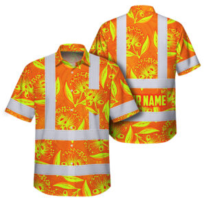 Hi Vis Hawaiian Shirt Reflective Tapes Orange Neon Ohia Lehua Custom Name Safety Workwear For Workers, Truckers, Operators