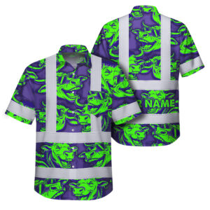 Hi Vis Hawaiian Shirt Reflective Tapes Green Violet Cow Custom Name Safety Workwear For Workers, Truckers, Operators