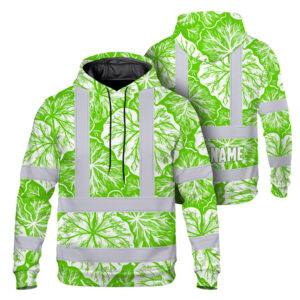 Hi Vis Hoodie Shirt Reflective Tapes Green Neon White Flowers Custom Name Safety Workwear For Workers, Truckers