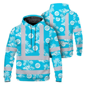 Hi Vis Hoodie Shirt Reflective Tapes Blue Neon And White Flowers Custom Name And Logo Safety Workwear For Company