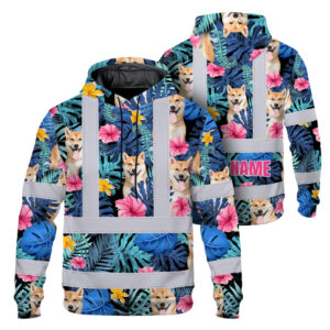 Hi Vis Hoodie Shirt Reflective Tapes Blue Pink Flowers Custom Name And Image Safety Workwear For Truckers, Pet Lovers