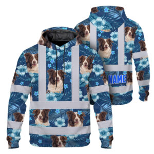 Hi Vis Hoodie Shirt Reflective Tapes Blue Flowers Custom Name And Image Safety Workwear For Truckers, Pet Lovers