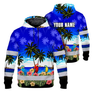 Hi Vis Hoodie Shirt Reflective Tapes Blue Black Parrot Hawaii Custom Name Safety Workwear For Truckers, Operators
