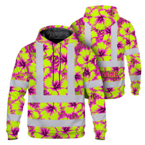 Hi Vis Hoodie Shirt Reflective Tapes Pink Neon And Lime Flowers Custom Name Safety Workwear For Truckers, Operators