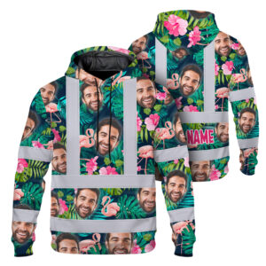Hi Vis Hoodie Shirt Reflective Tapes Pink And Green 2 Custom Name And Photo Safety Workwear For Workers, Truckers, Operators