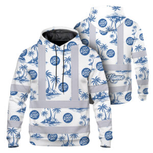 Hi Vis Hoodie Shirt Reflective Tapes Dark Blue And White Flowers Custom Name And Logo Safety Workwear For Truckers, Operators, Company