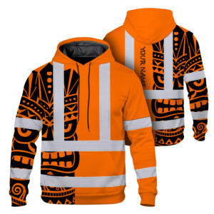 Hi Vis Hoodie Shirt Reflective Tapes TiKi Hawaiian Orange Neon Polynesian Tribal Custom Name Safety Workwear For Truckers, Operators