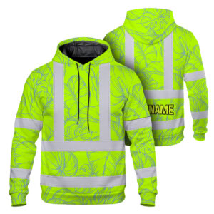 Hi Vis Hoodie Shirt Reflective Tapes Green Neon Flowers Custom Name Safety Workwear For Workers, Truckers, Operators