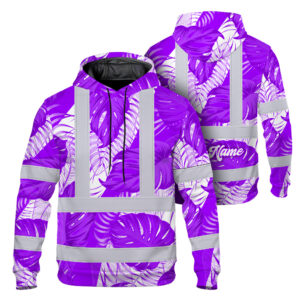 Hi Vis Hoodie Shirt Reflective Tapes Violet Neon Flowers Custom Name Safety Workwear For Workers, Truckers, Operators