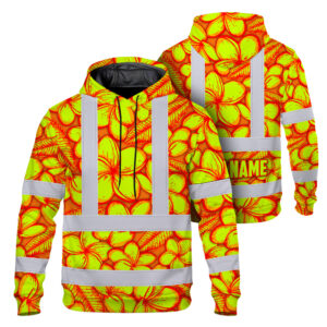 Hi Vis Hoodie Shirt Reflective Tapes Orange Neon Lime Plumeria Custom Name Safety Workwear For Workers, Truckers, Operators