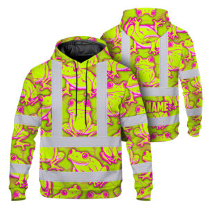 Hi Vis Hoodie Shirt Reflective Tapes Pink And Lime Neon Frog Custom Name Safety Workwear For Workers, Truckers, Operators