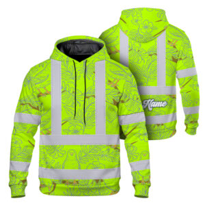 Hi Vis Hoodie Shirt Reflective Tapes Lime Neon White 2 Flowers Custom Name Safety Workwear For Workers, Truckers, Operators