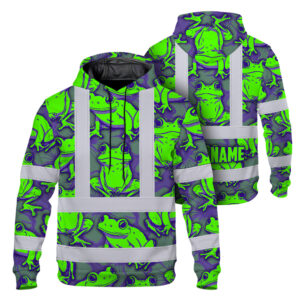 Hi Vis Hoodie Shirt Reflective Tapes Green Neon Violet Frog Custom Name Safety Workwear For Workers, Truckers, Operators