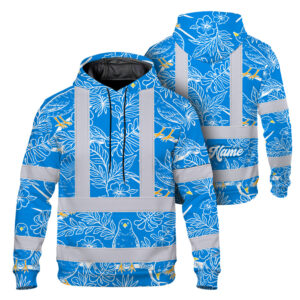 Hi Vis Hoodie Shirt Reflective Tapes Blue Neon White 2 Flowers Custom Name Safety Workwear For Workers, Truckers, Operators