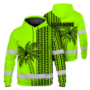 Hi Vis Hoodie Shirt Reflective Tapes Lime Neon Polynesian And Tree Custom Name Safety Workwear For Workers, Truckers, Operators