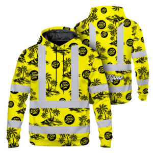 Hi Vis Hoodie Shirt Reflective Tapes Yellow Neon And Black Flowers Custom Name And Logo Safety Workwear For Truckers, Operators, Company