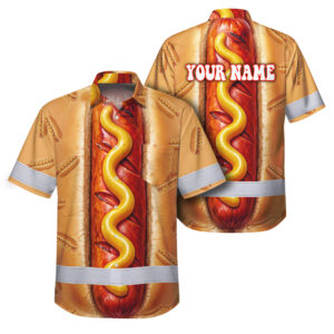 Hi Vis Hawaiian Shirt Reflective Tapes Funny Sausage Custom Name Safety Workwear For Workers, Truckers, Operators