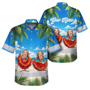 Hi Vis Hawaiian Shirt Reflective Tapes Dancing Girl Custom Name And Image Safety Workwear For Workers, Truckers, Operators