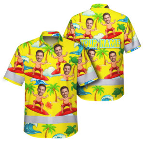 Hi Vis Hawaiian Shirt Reflective Tapes Yellow Surfing Custom Name And Image Safety Workwear For Workers, Truckers, Operators