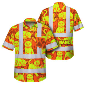 Hi Vis Hawaiian Shirt Reflective Tapes Lime Orange Cat Custom Name Safety Workwear For Workers, Truckers, Operators