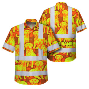 Hi Vis Hawaiian Shirt Reflective Tapes Lime Orange Dog Custom Name Safety Workwear For Workers, Truckers, Operators
