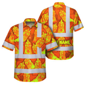 Hi Vis Hawaiian Shirt Reflective Tapes Lime Orange Chicken Custom Name Safety Workwear For Workers, Truckers, Operators, Farmers
