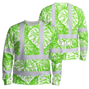 Hi Vis Long Sleeve Shirt Reflective Tapes Green Neon White Flowers Custom Name Safety Workwear For Workers, Truckers