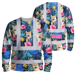 Hi Vis Long Sleeve Shirt Reflective Tapes Blue Pink Flowers Custom Name And Image Safety Workwear For Truckers, Pet Lovers