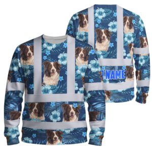 Hi Vis Long Sleeve Shirt Reflective Tapes Blue Flowers Custom Name And Image Safety Workwear For Truckers, Pet Lovers