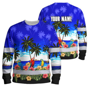 Hi Vis Long Sleeve Shirt Reflective Tapes Blue Black Parrot Hawaii Custom Name Safety Workwear For Truckers, Operators