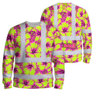 Hi Vis Long Sleeve Shirt Reflective Tapes Pink Neon And Lime Flowers Custom Name Safety Workwear For Truckers, Operators