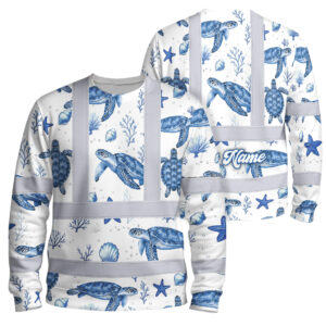 Hi Vis Long Sleeve Shirt Reflective Tapes Blue Flowers Turtle 2 Custom Name Safety Workwear For Workers, Truckers, Operators, Company